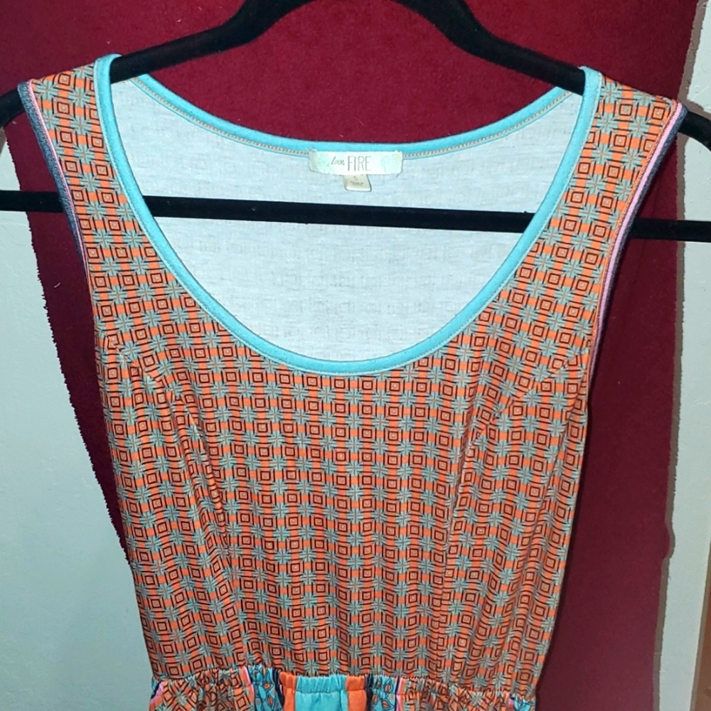 Knee Length A-line Orange & Turquoise Dress - Size Small. Small back cut-out